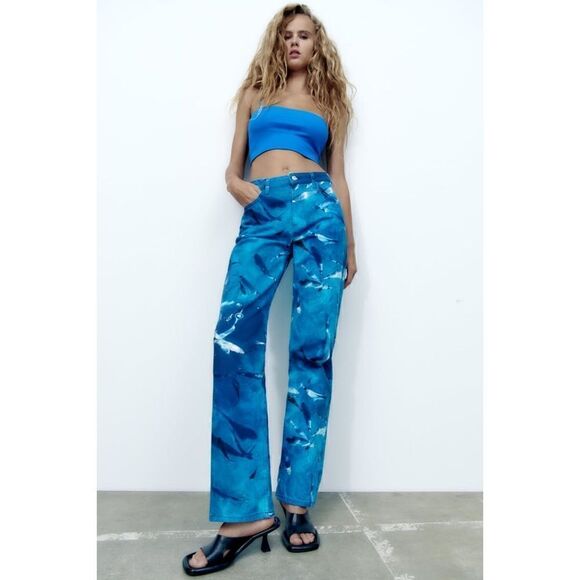 NWT Zara Straight Fit High Rise Regular Length Printed Jeans in Blue, Size 0 & 4 - Picture 5 of 16